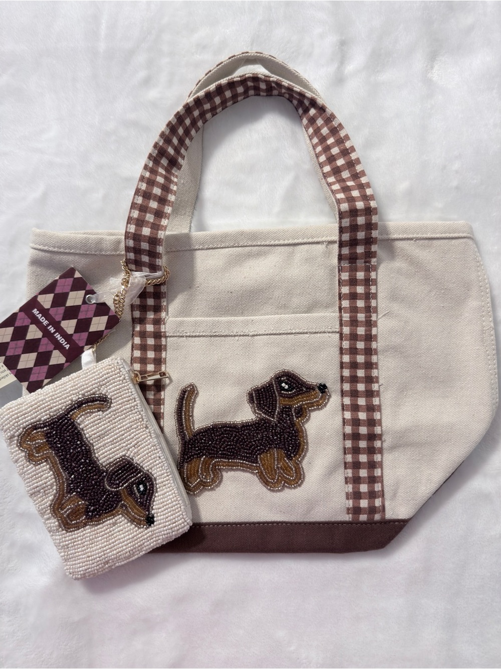 Viral Canvas Tote Bag with Dachshund Bead Applique - Cream and Brown